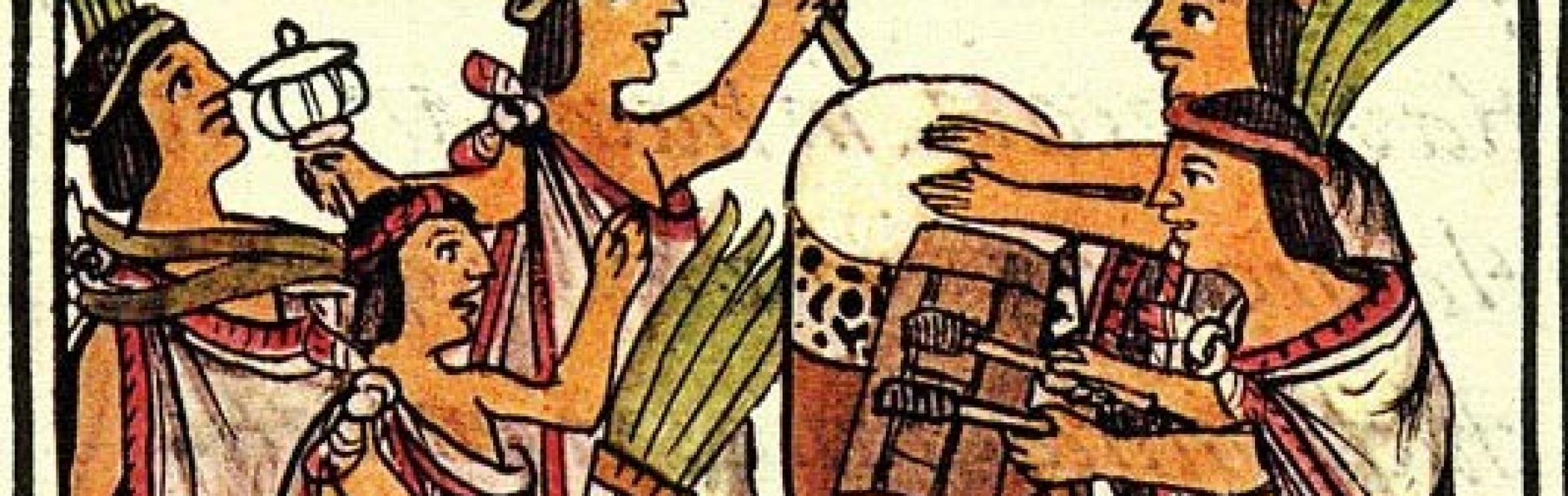 Illustration of Aztec people as depicted in the Historia general de las cosas de Nueva España, also known as the Florentine Codex. The image shows five Aztec people playing instruments and drums.