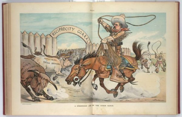 A political cartoon depicting Theodore Roosevelt as a cowboy