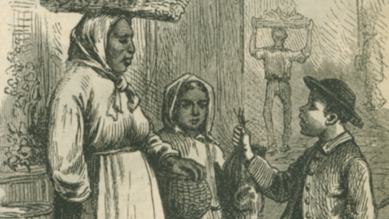 Cropped print illustration of a young white boy trading chickens with a black woman balancing a basket.
