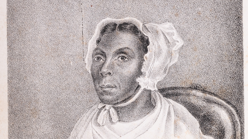 Illustrated depiction of Jarena Lee, an African American woman in a white bonnet. The illustration is from her book "Religious Experience and Journal of Mrs. Jarena Lee, Giving an Account of Her Call to Preach the Gospel"