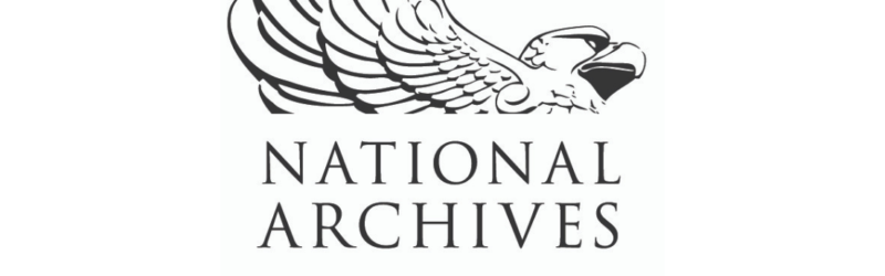 the logo of the NHPRC, depicting a black and wine line drawn statue of an eagle above the words "NATIONAL ARCHIVES", a line separating the text, and the subtitle "National Historical Publications & Records Commission"