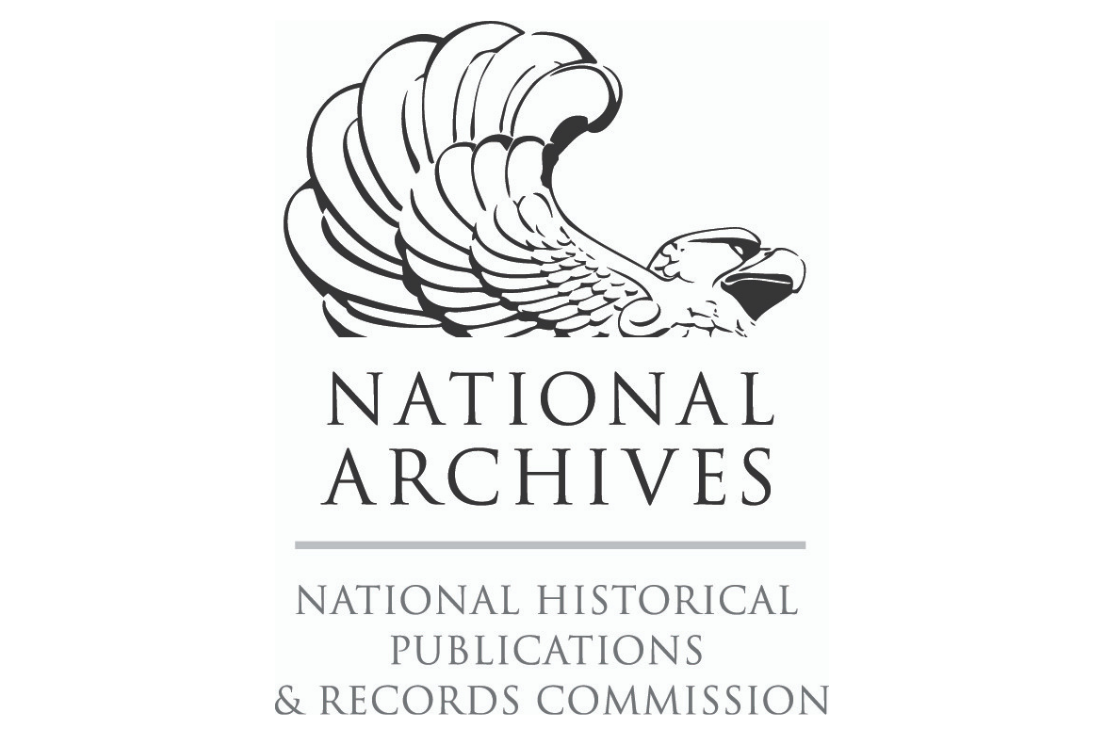 the logo of the NHPRC, depicting a black and wine line drawn statue of an eagle above the words "NATIONAL ARCHIVES", a line separating the text, and the subtitle "National Historical Publications & Records Commission"