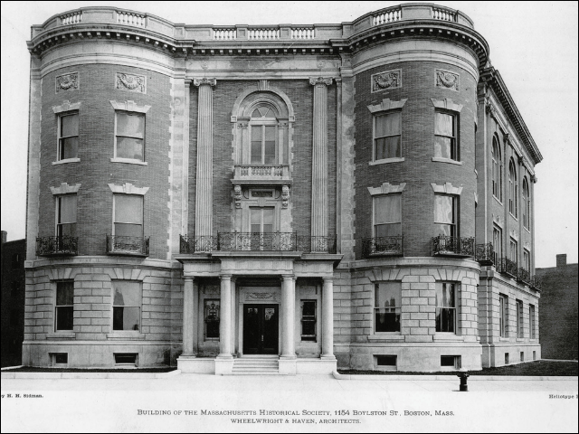 A black and white exterior photograph of the Massachusetts Historial Society from 1899